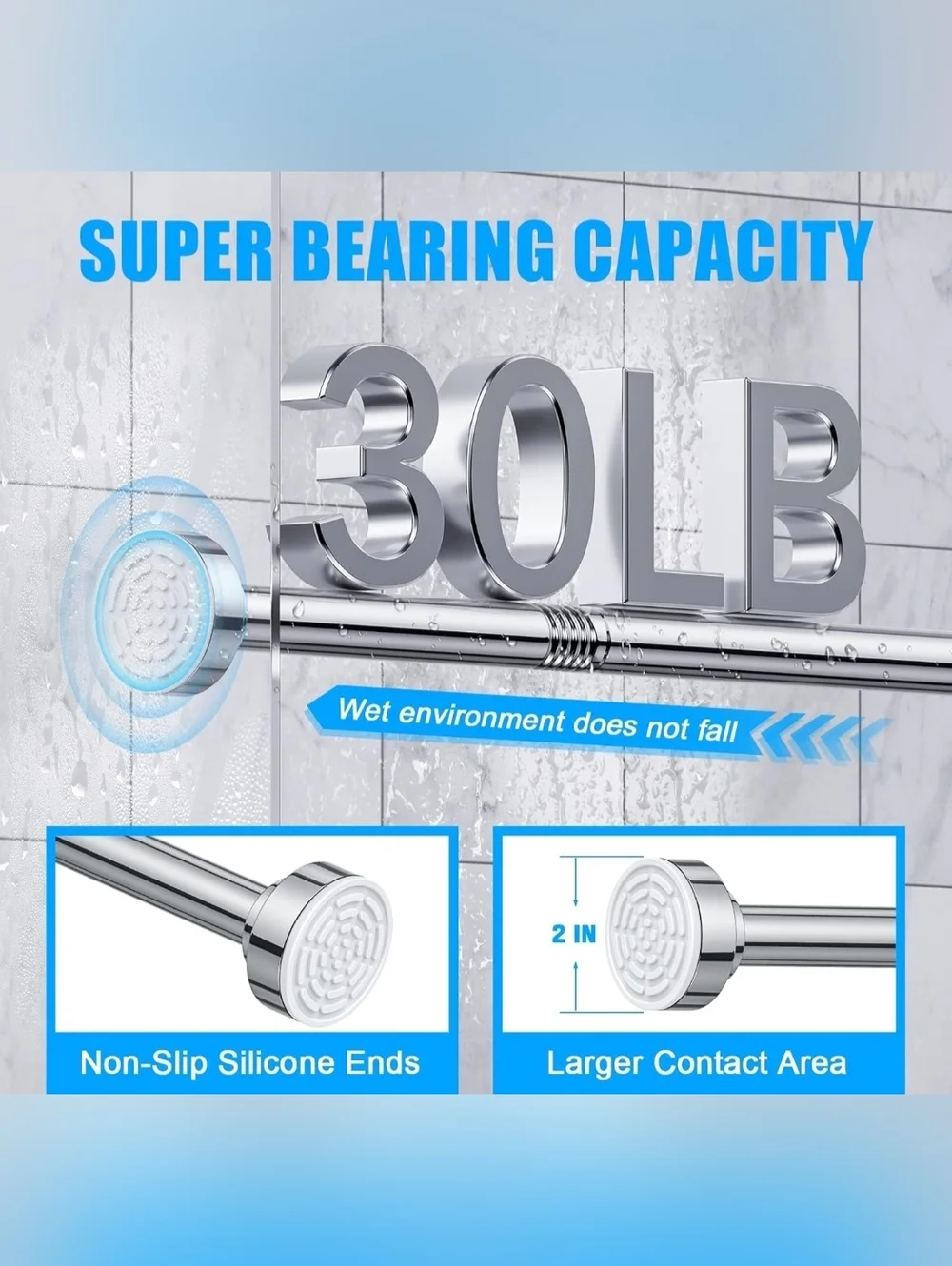 NIB Chrome Shower Curtain Spring Tension Rod with Modern Round Mount 32